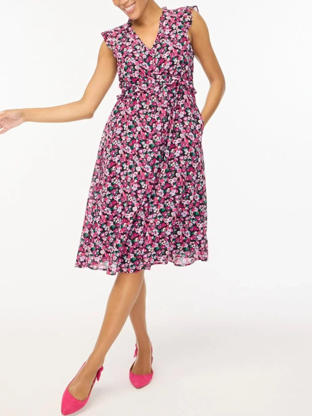 NWT J. Crew Womens Size 2 Ruffle Accent Floral Chiffon Stretch Midi Dress NEW